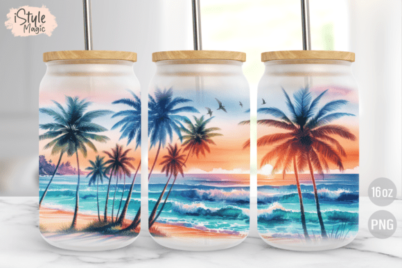 Download Palm Trees Beach Summer 16oz Glass Can - Palm Collection